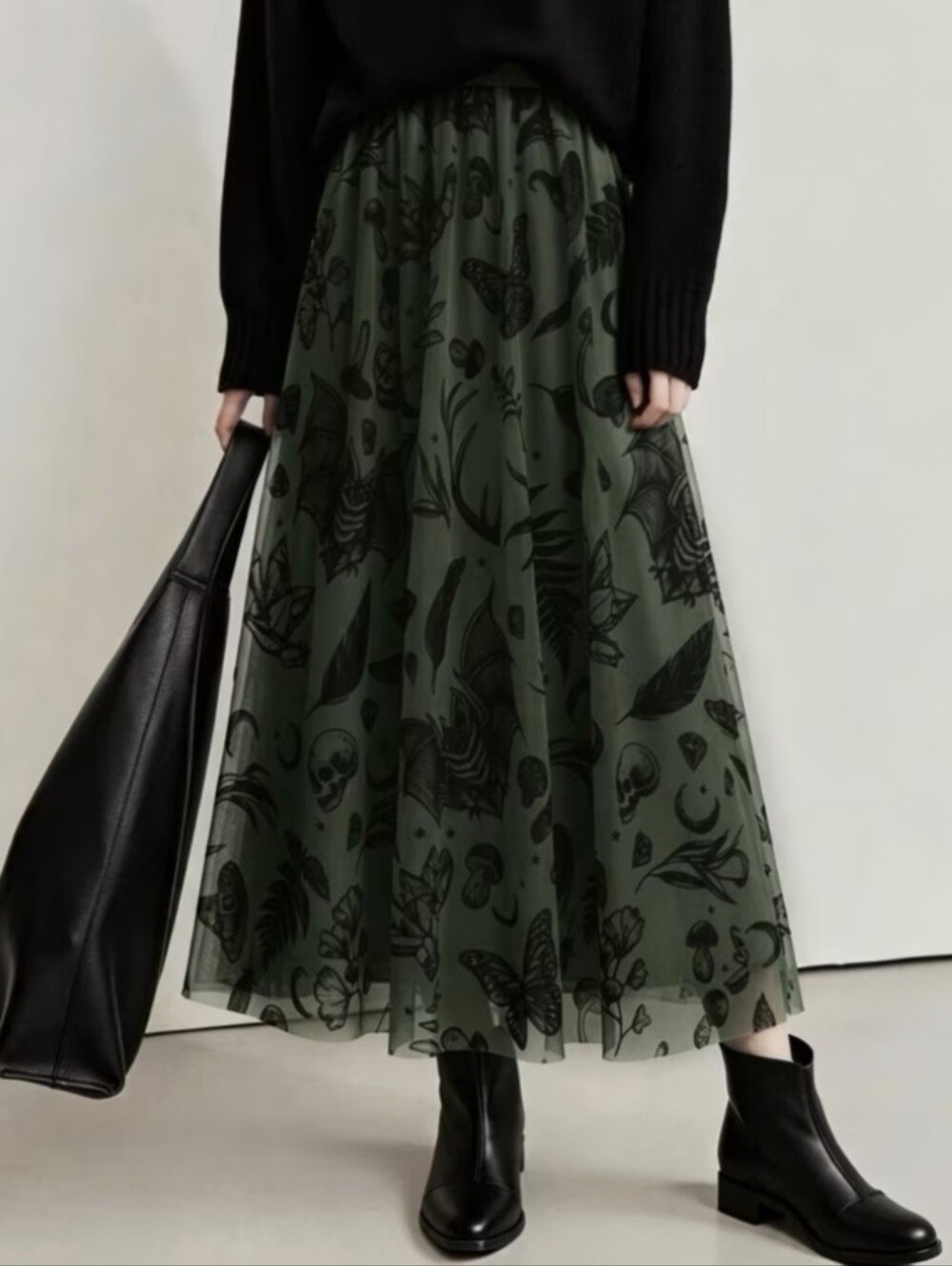 Women's Autumn Bat Skull Mushroom Butterfly Print Mesh Flowy Long Dress - Picture 3 of 5